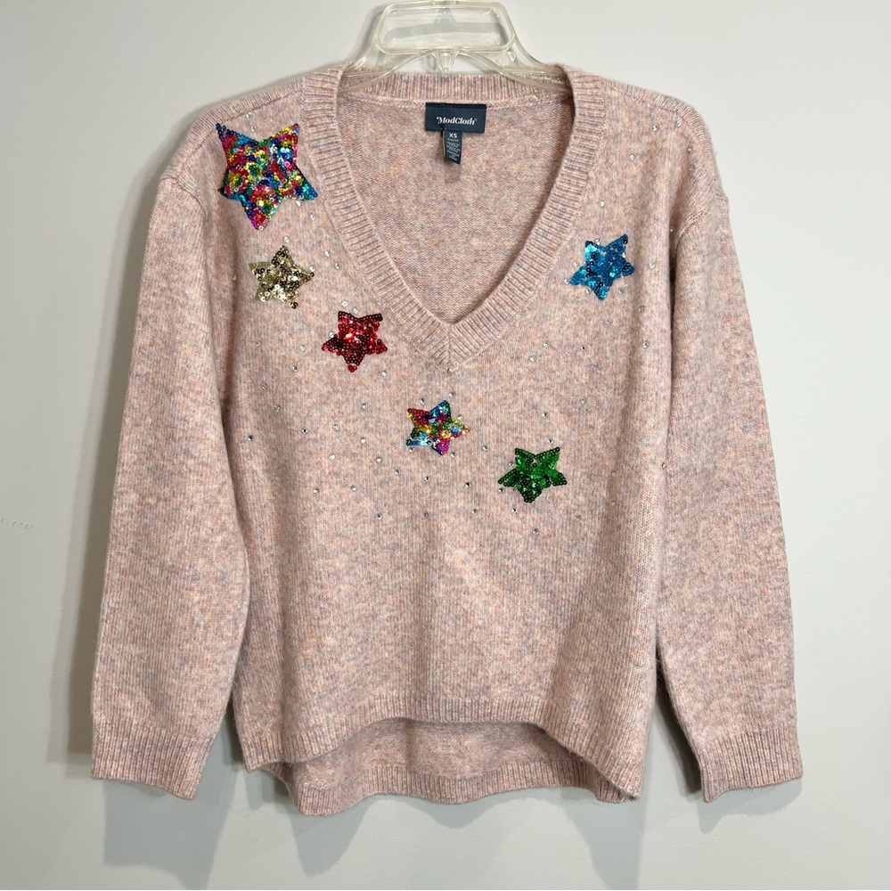 ModCloth Sweater Pink Multicolor Knit Wool Blend Sequin Stars V-neck Shirt XS